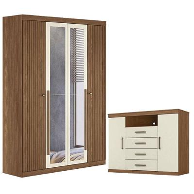 Guarda Roupa Casal Ripado Buriti 4 Portas de Bater com Espelho e Cômoda Havana Master 2 Gavetas