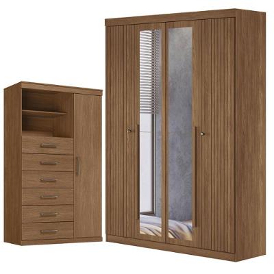 Guarda Roupa Casal Ripado Buriti 4 Portas de Bater com Espelho e Cômoda 6 Gavetas MDP-MDF Jatobá