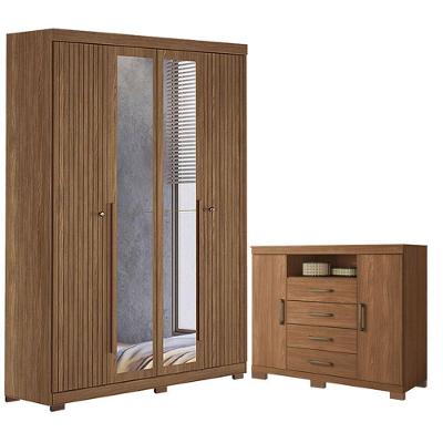 Guarda Roupa Casal com Cômoda Ripado Buriti 4 Portas de Bater 2 Gavetas MDF-MDP Jatobá Acetinado