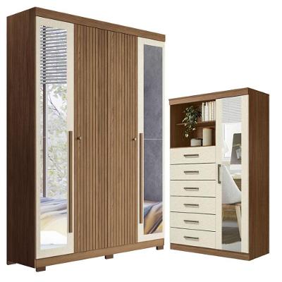 Guarda Roupa Casal Buriti 4 Portas de Bater 6 Gavetas MDF-MDP com Espelho Jatobá Areia Santos Andirá