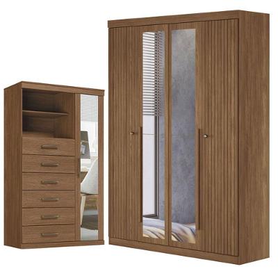 Guarda Roupa Casal Buriti 4 Portas de Bater 6 Gavetas MDF-MDP com Espelho e Cômoda Marabá Jatobá