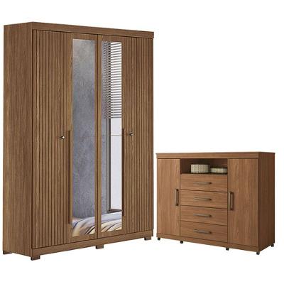 Guarda Roupa Casal com Cômoda Buriti Havana Master 6 Portas Bater 4 Gavetas MDF-MDP Espelho Pés