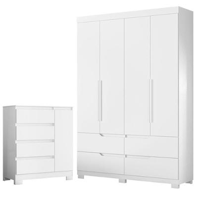 Guarda Roupa Solteiro Olimpia 4 Portas de Bater com Cômoda Sapateira MDP Branco Flex Albatroz Móveis