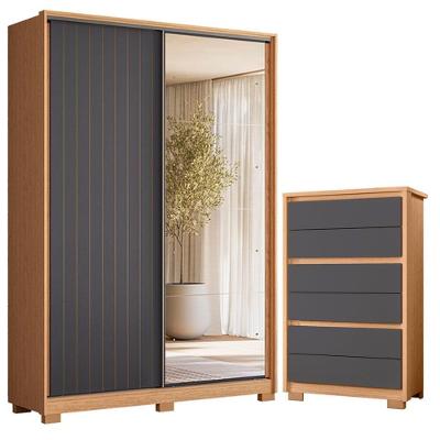 Guarda Roupa Solteiro Frizatto 2 Portas de Correr com Espelho 3 Gavetas MDP Freijo Titanium Albatroz