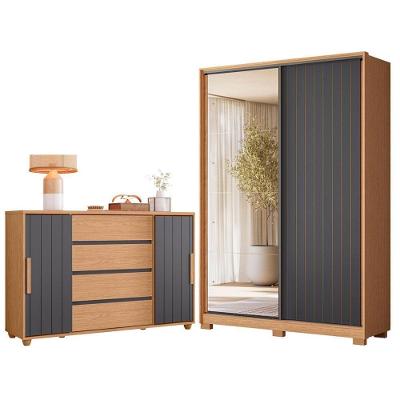Guarda Roupa Solteiro Frizatto 2 Portas de Correr com Espelho 3 Gavetas MDP Freijo Titanium