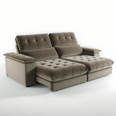 Sofá com Chaise Girona 5 Lugares Retrátil e Reclinável 290CM Bege Veludo
