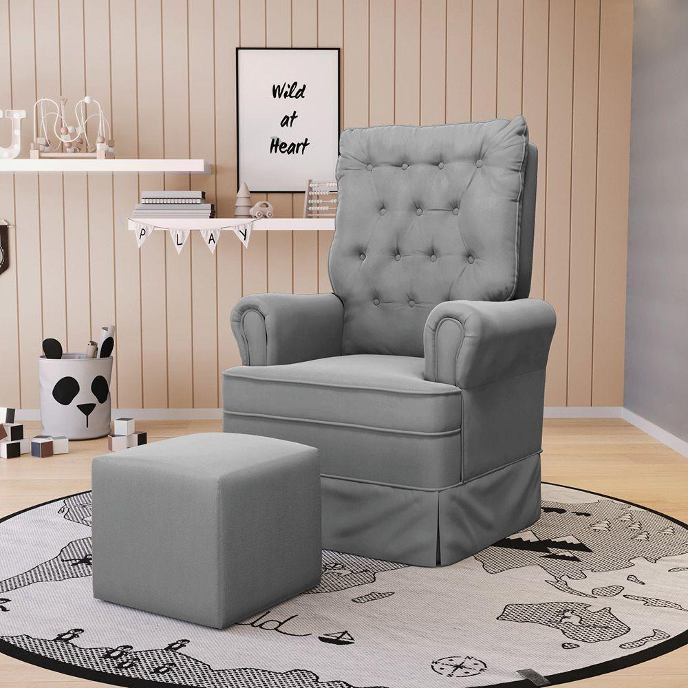 Poltrona De Amamentação Com Balanço E Puff Laura Veludo Cinza Tb122 Base De Madeira - D'rossi - 8