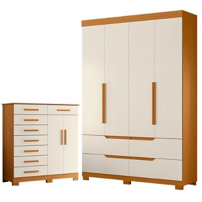 Guarda Roupa Solteiro Doble 4 Portas de Bater 4 Gavetas MDP Cinamomo Off White com Cômoda Verona