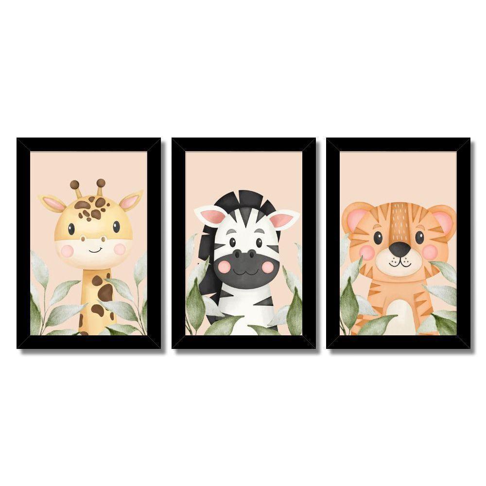 Kit 3 Quadros Safari Aquarela Infantil Quarto Vidro 20X30Cm Título Moldura Preta - 8