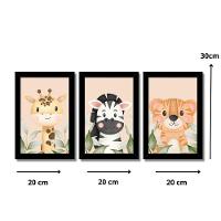 Kit 3 Quadros Safari Aquarela Infantil Quarto Vidro 20X30Cm Título Moldura Preta - 7