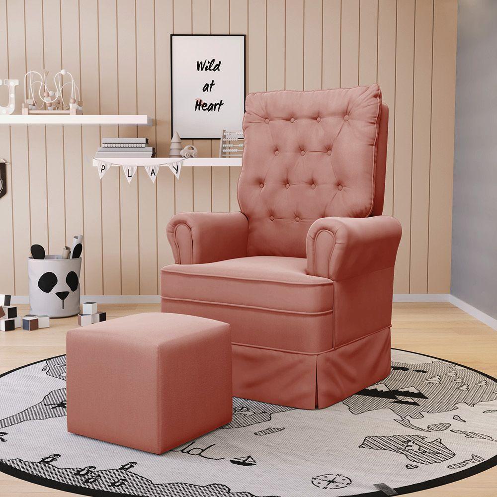 Poltrona De Amamentação Com Balanço E Puff Laura Veludo Base De Madeira - D'rossi Cor Rose - 8