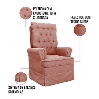Poltrona De Amamentação Com Balanço E Puff Laura Veludo Base De Madeira - D'rossi Cor Rose