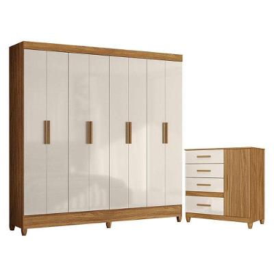 Guarda Roupa Casal e Cômoda Marajó Vênus 8 Portas 2 Gavetas MDP Moderno Freijó Off White Brilho