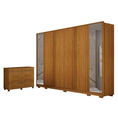 Guarda Roupa Casal Ares 6Portas Com Espelho Cinamomo Com Cômoda San Marino 8 Gavetas Cinamomo-Leifer