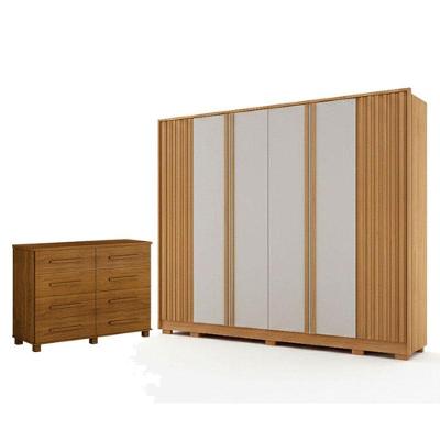 Guarda Roupa Casal Evo 6 Portas Cinamomo E Off-white Com Cômoda San Marino 8 Gavetas Cinamomo-Leifer