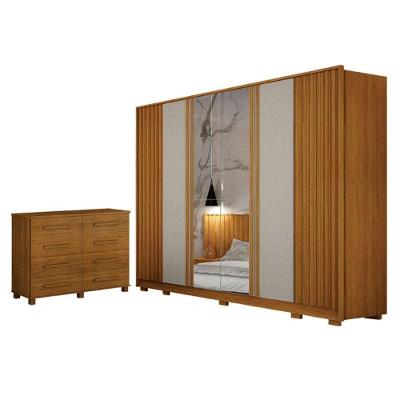 Guarda Roupa Casal Evo 6Portas C/Espelho Cinamomo E Off-white Com Cômoda San Marino 8Gavetas Cinamom
