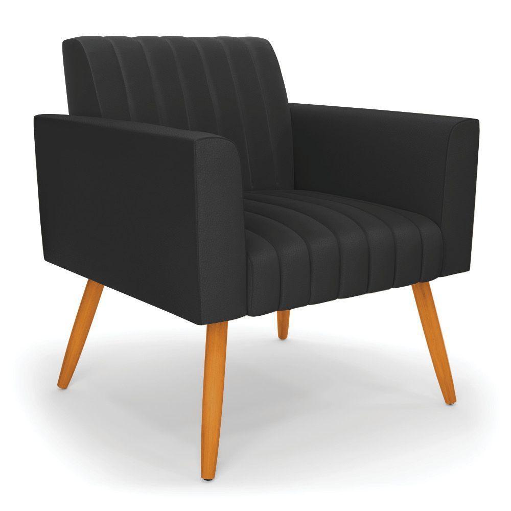 Poltrona Viena Gomada Corino Preto Pés Palito Castanho - D'rossi - 1