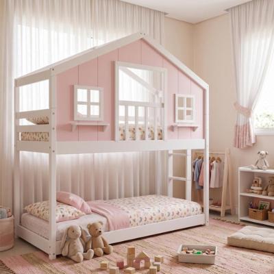 Beliche Montessoriano Casinha dos Sonhos com Escada Fixa e Varanda Madeira Maciça Housin