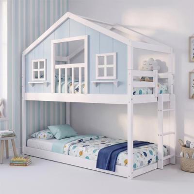 Beliche Montessoriano Casinha dos Sonhos com Varanda Madeira Maciça Branco e Azul Housin