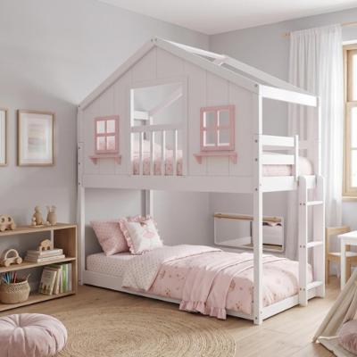 Beliche Montessoriano Casinha dos Sonhos com Varanda Madeira Maciça Branco e Rosa Housin