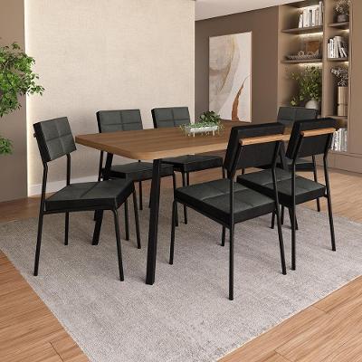 Conjunto Sala de Jantar Una 6 Lugares Tampo MDP Estrutura Aço Preto 160CM Móveis Carraro