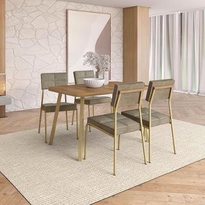 Conjunto Sala de Jantar Plaza Carraro 4 Lugares Tampo MDP Estrutura Aço Dourado 120CM Móveis Carraro