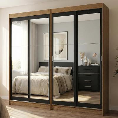 Conjunto 2 Guarda Roupas Casal Tokio 4 Portas de Correr com Espelhos Rustic e Preto Madesa 218CM