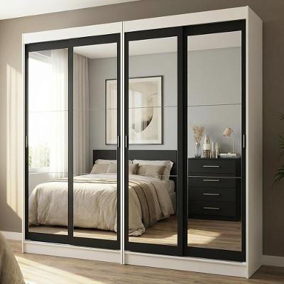Conjunto 2 Guarda Roupas Casal Tokio 4 Portas de Correr com Espelhos MDP Branco-preto Madesa 218CM