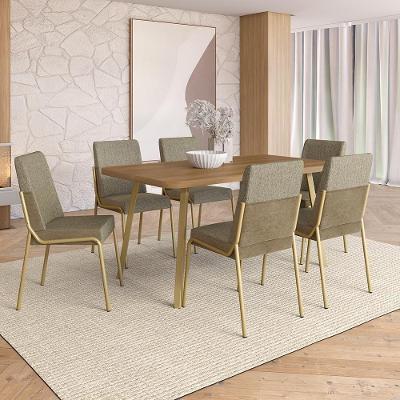 Conjunto Sala de Jantar Kora 6 Lugares Tampo MDP Estrutura Aço Dourado 160CM Móveis Carraro