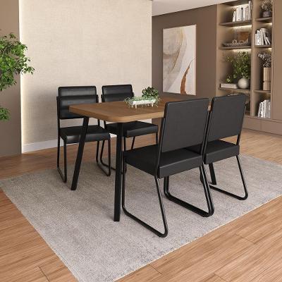 Conjunto Sala de Jantar Ava 4 Lugares Tampo MDP Cadeiras Tecidos Premium Preto 120CM Móveis Carraro