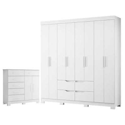 Conjunto de Quarto Guarda Roupa Casal Doble 8 Portas Cômoda Xangai 6 Gavetas MDP Branco Albatroz