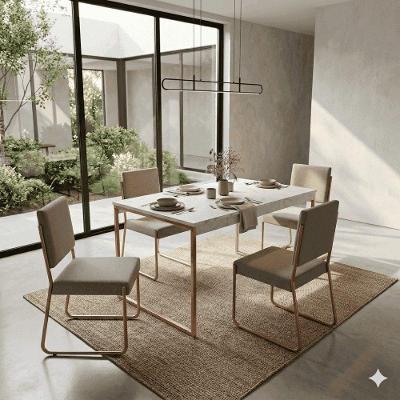 Conjunto de Jantar Nero 4 Lugares Tampo MDF Textura Marmorizada Branco e Bronze 110X70CM