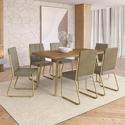 Conjunto Sala de Jantar Ilia 6 Lugares Tampo MDP Cadeiras Tecidos Premium Dourado 160CM Móveis