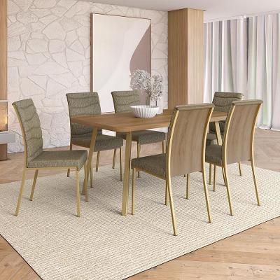 Conjunto Sala de Jantar Humor Carraro 6 Lugares Tampo MDP Cadeiras Tecidos Premium Dourado 160CM
