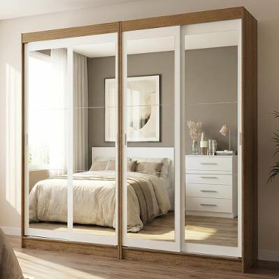 Conjunto 2 Guarda Roupas Casal Tokio 4 Portas de Correr com Espelhos MDP Rustic-Branco Madesa 218CM
