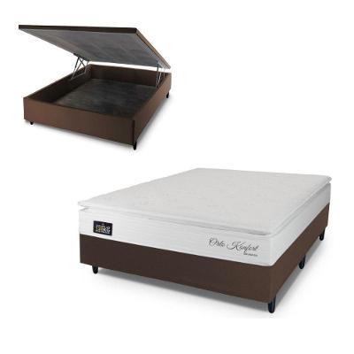 Cama Box com Baú Casal Orto Konfort Pillow Top Espuma D33 Suede Branco Hellen Estofados e Colchões