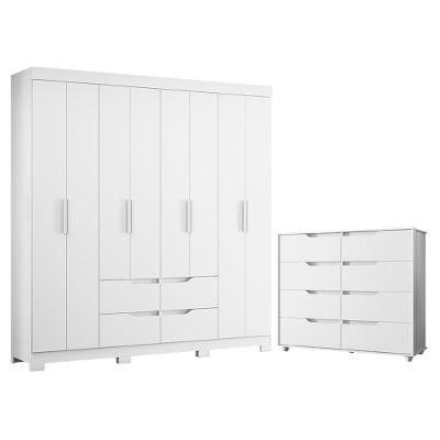 Guarda Roupa Casal + Cômoda Doble 8 Portas de Bater 8 Gavetas MDP Branco Freijo Albatroz Móveis