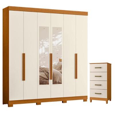 Guarda Roupa Casal com Cômoda Vinci 6 Portas de Bater com Espelho 4 Gavetas MDP Cinamomo Off White