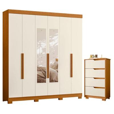Guarda Roupa Casal com Cômoda Vinci 6 Portas de Bater com Espelho 4 Gavetas MDP Cinamomo Off White