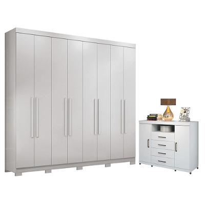 Guarda Roupa Casal com Cômoda Master New 8 Portas 4 Gavetas MDP Branco Brilho Santos Andirá