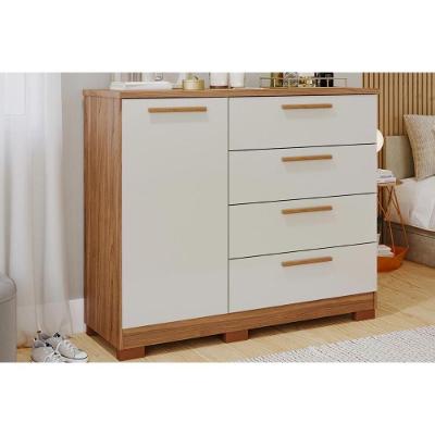 Cômoda Malu 1 Porta 4 Gavetas MDF Puxador em MDF Cinamomo e Off White