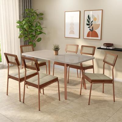 Conjunto Sala de Jantar Violeta 6 Lugares Tampo MDP Cadeiras Tecidos Premium Off White Rosê 159.5CM