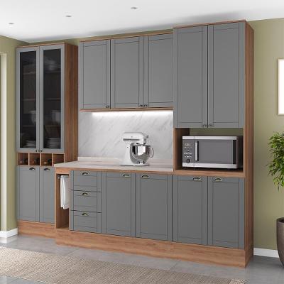 Cozinha Milla Grain 13 Portas 3 Gavetas MDF-MDP 280CM Cinza com Nogal e Titânio Móveis Carraro