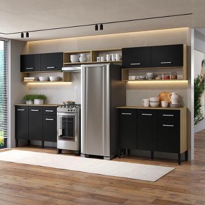 Cozinha Compacta Arizona Bold One 10 Portas 2 Gavetas MDF-MDP 330CM Carvalho com Preto Móveis