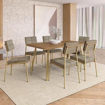 Conjunto Sala de Jantar Una 6 Lugares Tampo MDP Cadeiras Tecidos Premium Dourado 160CM Móveis