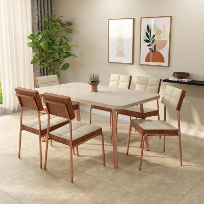 Conjunto Sala de Jantar Una 6 Lugares Tampo MDP Cadeiras Tecidos Premium Rosê 160CM Móveis Carraro