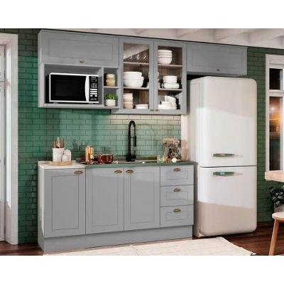 Cozinha Completa 7 Peças 2 Portas 3 Gavetas MDF 120CM Cinza com Calcáreo Kit Balcão e Armário