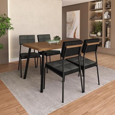 Conjunto Sala de Jantar Plaza 4 Lugares Tampo MDP Cadeiras Tecidos Premium Preto 120CM Móveis