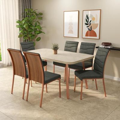 Conjunto Sala de Jantar Petra Rosê 6 Lugares Tampo MDP com Cadeiras em Aço Rosê 160CM Móveis Carraro