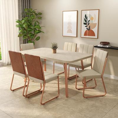 Conjunto Sala de Jantar Petra 6 Lugares Tampo MDP Estrutura Aço Rosê 160CM Móveis Carraro